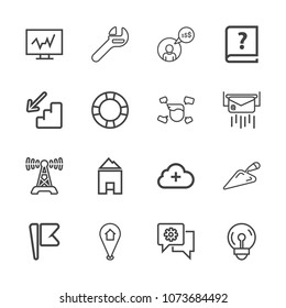 Premium outline set of icons containing light, business, pin, music, repair, location, freelancer, electric, america. Simple, modern flat vector illustration for mobile app, website or desktop app