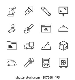 Premium outline set of icons containing transportation, lock, box, wrench, space, web, template, landscape, sport, van. Simple, modern flat vector illustration for mobile app, website or desktop app