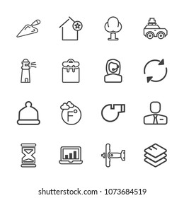 Premium outline set of icons containing thermometer, head, people, fashion, screen, apartment, whistle, information, war. Simple, modern flat vector illustration for mobile app, website or desktop app