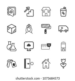 Premium outline set of icons containing safety, safe, technology, medicine, hotel, travel, security, up, glass, juice. Simple, modern flat vector illustration for mobile app, website or desktop app