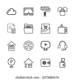 Premium outline set of icons containing urban, equipment, store, tshirt, customer, media, call, wallet, car, headset. Simple, modern flat vector illustration for mobile app, website or desktop app