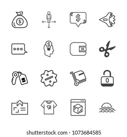 Premium outline set of icons containing label, direction, bag, business, lock, sign, shipping, frame, airplane, jetliner. Simple, modern flat vector illustration for mobile app, website or desktop app