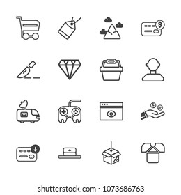 Premium outline set of icons containing arrow, tag, sale, cart, bag, television, landscape, upload, satellite, button. Simple, modern flat vector illustration for mobile app, website or desktop app