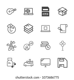 Premium outline set of icons containing medical, music, tower, cardboard, ventilator, vitamin, save, freelance, paris. Simple, modern flat vector illustration for mobile app, website or desktop app