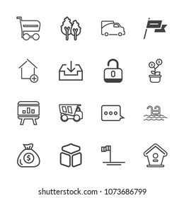 Premium outline set of icons containing baja, birdhouse, cube, truck, home, summer, transport, vehicle, transportation. Simple, modern flat vector illustration for mobile app, website or desktop app