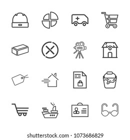Premium outline set of icons containing rent, profile, estate, clean, shopping, pie, marine, head, graph, war, cap, cart. Simple, modern flat vector illustration for mobile app, website or desktop app