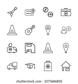 Premium outline set of icons containing school, balance, fashion, tv, music, university, up, travel, pin, van, card, buy. Simple, modern flat vector illustration for mobile app, website or desktop app