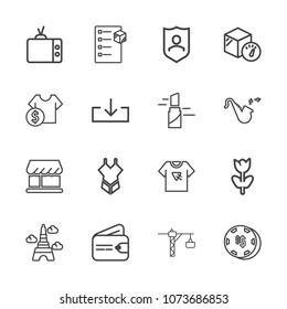 Premium outline set of icons containing spring, game, shop, curtain, flower, video, eiffel, typography, casino, box, tv. Simple, modern flat vector illustration for mobile app, website or desktop app