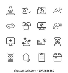 Premium outline set of icons containing time, apartment, sack, finance, new, sign, white, house, mountain, computer, up. Simple, modern flat vector illustration for mobile app, website or desktop app