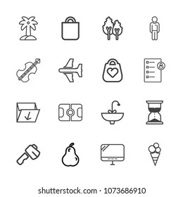 Premium outline set of icons containing pear, pitch, palm, box, soccer, people, hammer, tool, football, sweet, pc, white. Simple, modern flat vector illustration for mobile app, website or desktop app