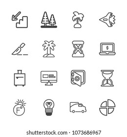 Premium outline set of icons containing timer, pie, tree, electricity, bulb, business, scale, van, security, summer, bag. Simple, modern flat vector illustration for mobile app, website or desktop app