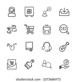 Premium outline set of icons containing safe, safety, bugle, book, call, profile, list, musical, center, bill, delivery. Simple, modern flat vector illustration for mobile app, website or desktop app