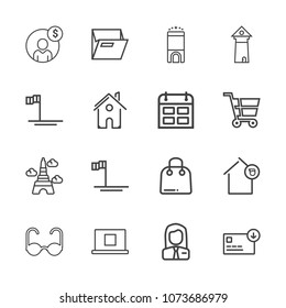 Premium outline set of icons containing web, europe, mexico, owner, home, beach, hotel, finance, employer, blank, job. Simple, modern flat vector illustration for mobile app, website or desktop app