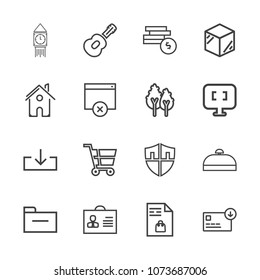 Premium outline set of icons containing shield, cash, retail, protect, supermarket, bank, music, coin, bag, web, ben. Simple, modern flat vector illustration for mobile app, website or desktop app