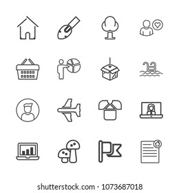Premium outline set of icons containing real, tshirt, equipment, shirt, video, environment, landscape, white, food, tree. Simple, modern flat vector illustration for mobile app, website or desktop app