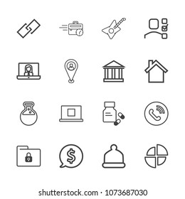 Premium outline set of icons containing technology, phone, health, music, white, safety, web, equipment, medicine, chart. Simple, modern flat vector illustration for mobile app, website or desktop app