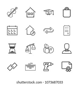 Premium outline set of icons containing hourglass, achievement, link, sound, laptop, balance, estate, profile, hour, web. Simple, modern flat vector illustration for mobile app, website or desktop app