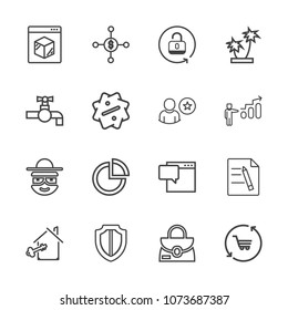 Premium outline set of icons containing trolley, happy, file, investment, estate, character, document, protect, property. Simple, modern flat vector illustration for mobile app, website or desktop app