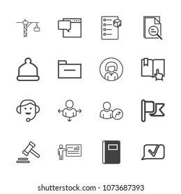 Premium outline set of icons containing package, paper, web, office, communication, tool, page, flag, cap, law, box, saw. Simple, modern flat vector illustration for mobile app, website or desktop app