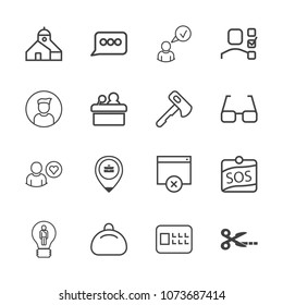 Premium outline set of icons containing sign, profile, object, tool, lock, meeting, concept, sos, hammer, cut, building. Simple, modern flat vector illustration for mobile app, website or desktop app