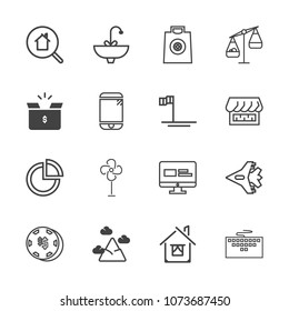 Premium outline set of icons containing pie, online, aircraft, work, water, real, gambling, game, laptop, sky, keyboard. Simple, modern flat vector illustration for mobile app, website or desktop app