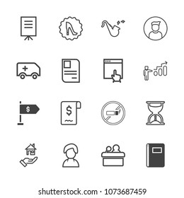 Premium outline set of icons containing paper, finance, elegance, bugle, frame, businessman, profile, sale, rent, human. Simple, modern flat vector illustration for mobile app, website or desktop app