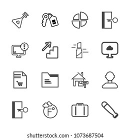 Premium outline set of icons containing shopping, thermometer, house, pie, instrument, equipment, exit, fahrenheit, rent. Simple, modern flat vector illustration for mobile app, website or desktop app
