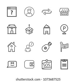 Premium outline set of icons containing work, profile, nation, concept, shipping, page, estate, delivery, guitar, flag. Simple, modern flat vector illustration for mobile app, website or desktop app