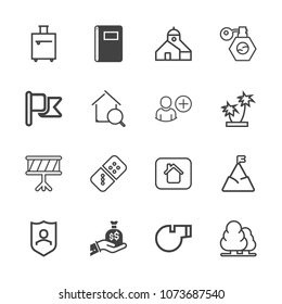 Premium outline set of icons containing estate, building, blue, house, tree, security, music, construction, white, play. Simple, modern flat vector illustration for mobile app, website or desktop app