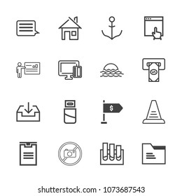 Premium outline set of icons containing laboratory, sign, wheel, ladder, office, website, shipping, web, forbidden, box. Simple, modern flat vector illustration for mobile app, website or desktop app