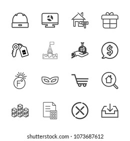 Premium outline set of icons containing distribution, home, template, finance, financial, carnival, mask, temperature. Simple, modern flat vector illustration for mobile app, website or desktop app