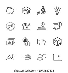 Premium outline set of icons containing user, template, idea, box, no, element, cigarette, addiction, sky, unpacking. Simple, modern flat vector illustration for mobile app, website or desktop app