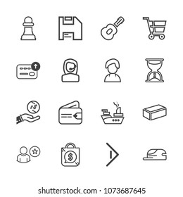 Premium outline set of icons containing cart, hat, fashion, arrow, building, construction, war, diskette, sea, military. Simple, modern flat vector illustration for mobile app, website or desktop app