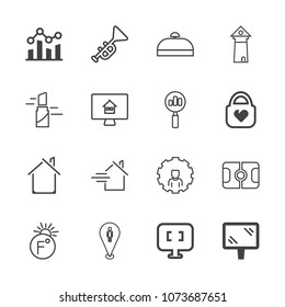 Premium outline set of icons containing tower, bugle, laptop, temperature, scale, road, pc, luggage, trend, street, rent. Simple, modern flat vector illustration for mobile app, website or desktop app