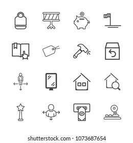 Premium outline set of icons containing success, direction, bank, street, button, road, coin, sound, instrument, finance. Simple, modern flat vector illustration for mobile app, website or desktop app