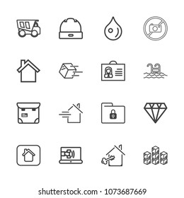 Premium outline set of icons containing home, rain, building, gem, jewelry, storehouse, house, dump, warehouse, hat, key. Simple, modern flat vector illustration for mobile app, website or desktop app