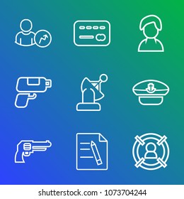 Premium outline set of icons containing sailor, customer, concept, navy, human, account, payment, business, pistol, hat. Simple, modern flat vector illustration for mobile app, website or desktop app