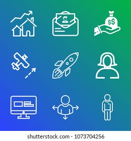 Premium outline set of icons containing white, launch, price, website, business, real, flight, man, bag, estate, woman. Simple, modern flat vector illustration for mobile app, website or desktop app