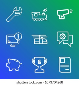 Premium outline set of icons containing desktop, personal, first, track, identity, coin, computer, travel, equipment, id. Simple, modern flat vector illustration for mobile app, website or desktop app