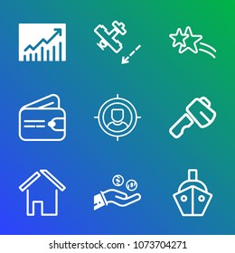 Premium outline set of icons containing finance, business, target, sea, up, progress, transport, graphic, tool, success. Simple, modern flat vector illustration for mobile app, website or desktop app