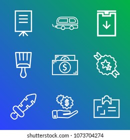 Premium outline set of icons containing businesswoman, view, bus, businessman, speaker, cash, passenger, business, brush. Simple, modern flat vector illustration for mobile app, website or desktop app