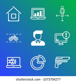 Premium outline set of icons containing property, cycle, travel, communication, architecture, online, handgun, gun, sign. Simple, modern flat vector illustration for mobile app, website or desktop app