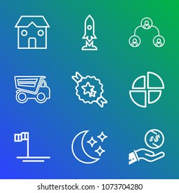 Premium outline set of icons containing craft, space, star, truck, baja, pie, ocean, company, blue, ship, tipper, money. Simple, modern flat vector illustration for mobile app, website or desktop app