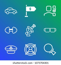 Premium outline set of icons containing glasses, sport, hat, transport, global, location, concept, satellite, captain. Simple, modern flat vector illustration for mobile app, website or desktop app