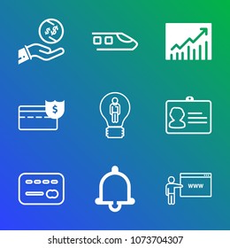 Premium outline set of icons containing wealth, hand, creative, train, graphic, up, trend, travel, name, identity, cash. Simple, modern flat vector illustration for mobile app, website or desktop app