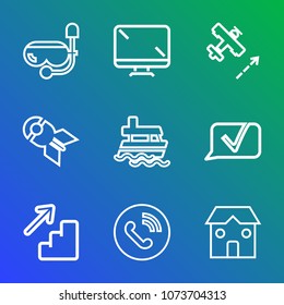 Premium outline set of icons containing building, computer, nuclear, sea, call, up, digital, phone, bomb, chat, ocean. Simple, modern flat vector illustration for mobile app, website or desktop app