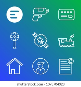 Premium outline set of icons containing decorative, fan, interface, male, cash, app, gun, navigation, finance, menu, boy. Simple, modern flat vector illustration for mobile app, website or desktop app
