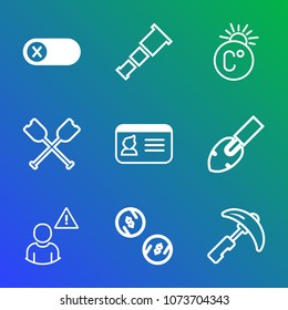 Premium outline set of icons containing boat, science, document, universe, finance, picking, deactivate, cash, currency. Simple, modern flat vector illustration for mobile app, website or desktop app