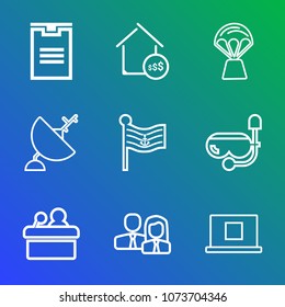 Premium outline set of icons containing transportation, profile, internet, shipping, mask, air, price, sky, dish, web. Simple, modern flat vector illustration for mobile app, website or desktop app