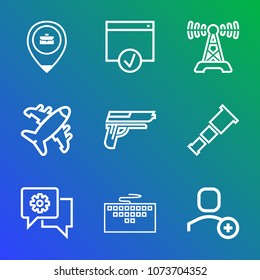 Premium outline set of icons containing account, air, station, user, astronomy, equipment, sign, telescope, weapon, gun. Simple, modern flat vector illustration for mobile app, website or desktop app